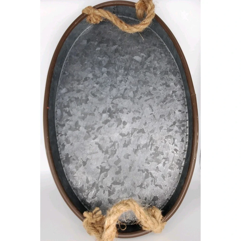 Farm House Style Galvanized Metal Decorative Platter With Grass‎ Rope